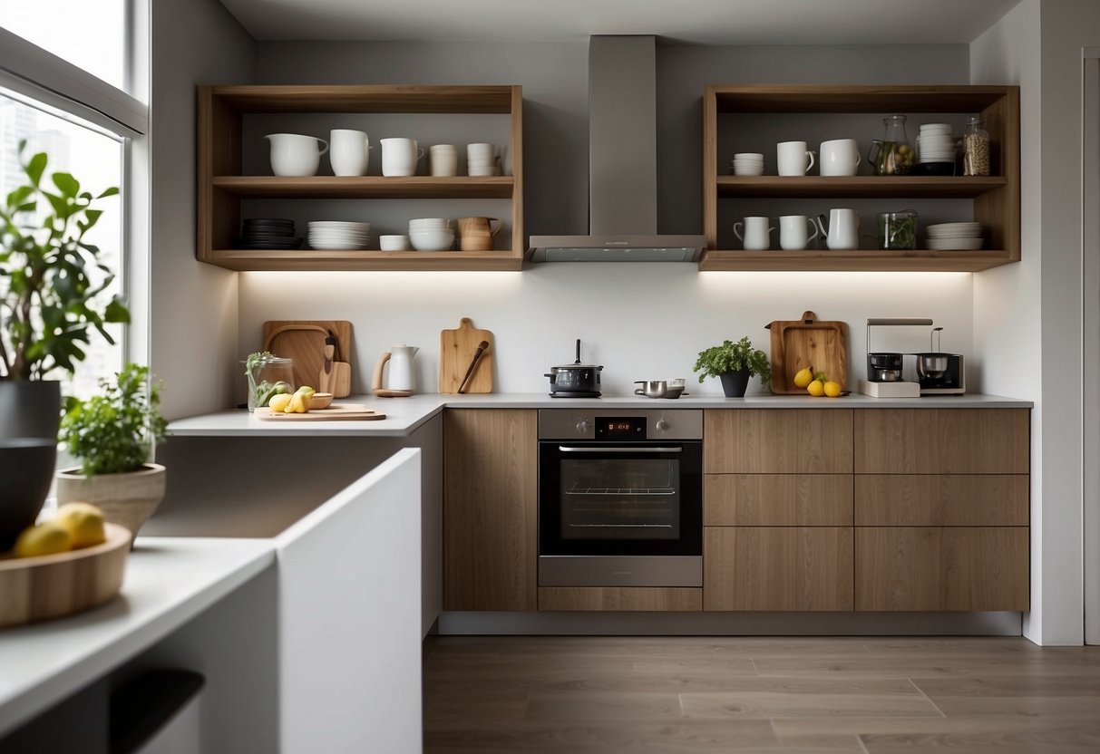 A small, organized kitchen with smart storage solutions and sleek appliances. Efficient layout maximizes space for cooking and storage