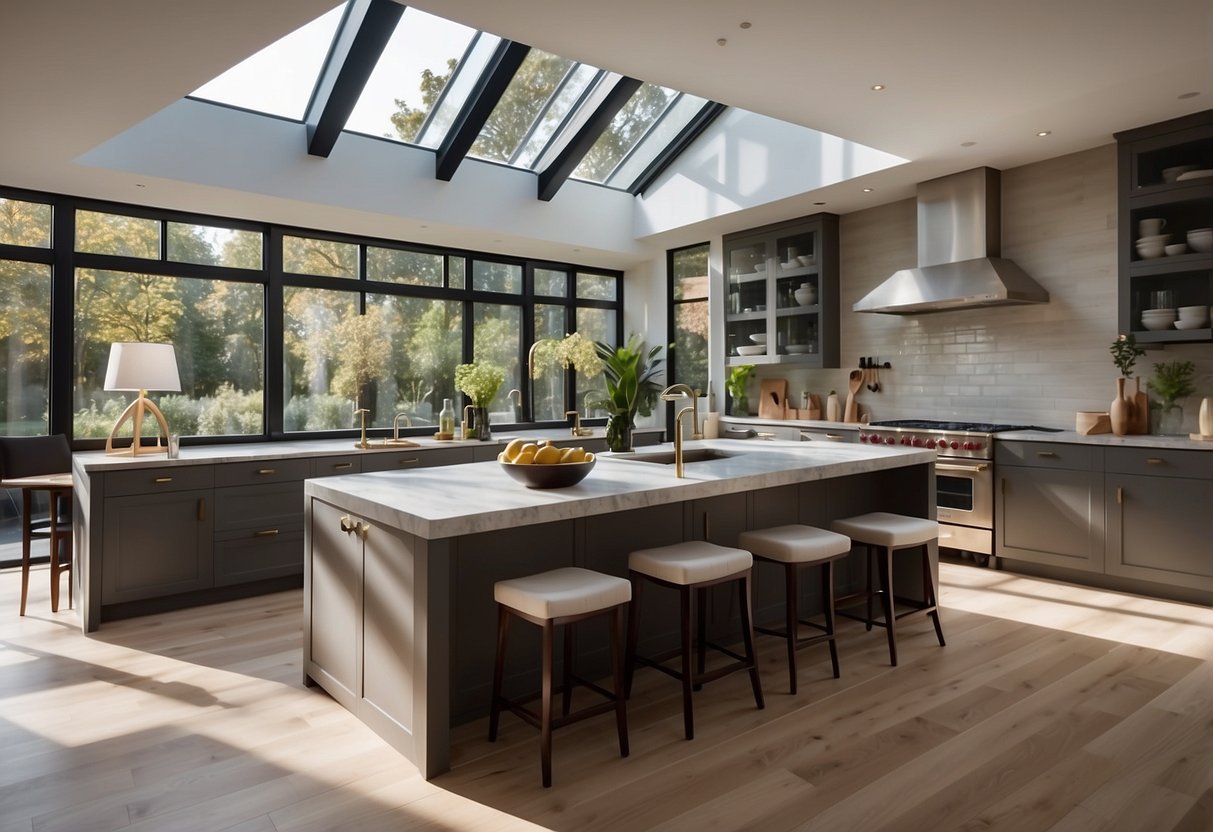 A spacious kitchen with an open layout, featuring a large central island, sleek countertops, and modern appliances. Natural light floods in through large windows, illuminating the clean and functional design