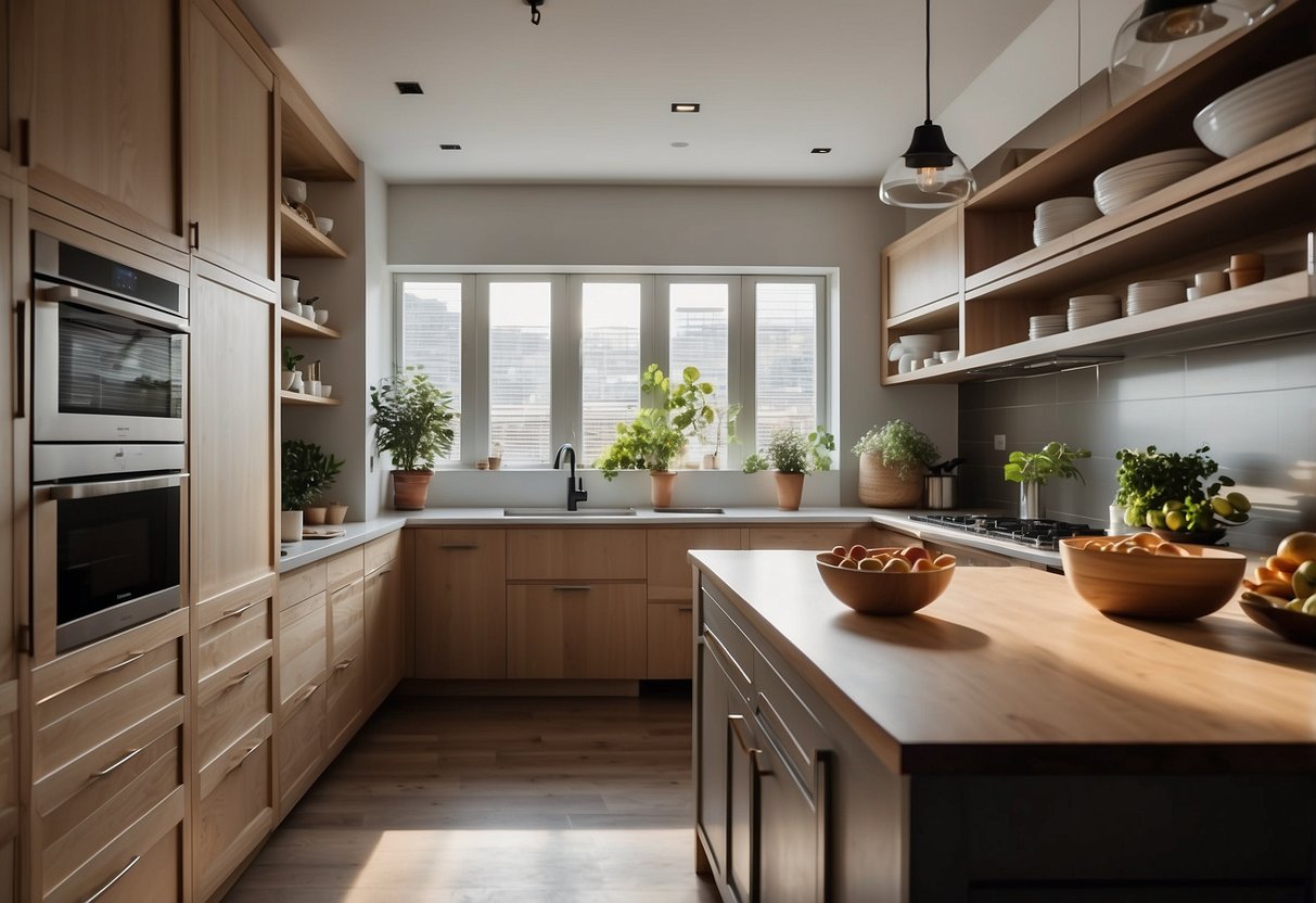 A spacious, organized kitchen with efficient storage, sleek appliances, and a central island for food prep. Bright natural light pours in through large windows, illuminating the clean, modern design