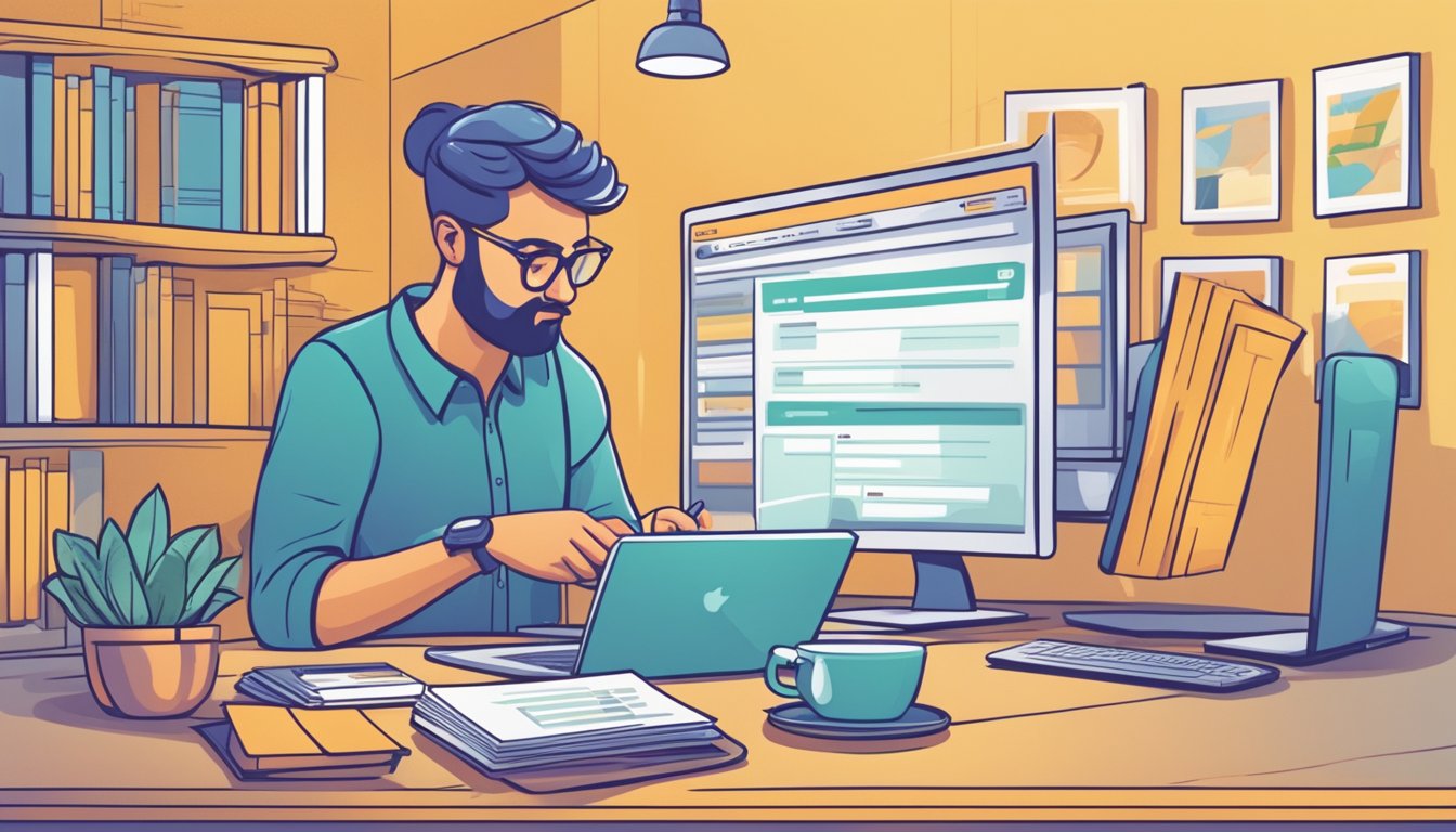 A person researching domain service providers, comparing options, and purchasing a domain online