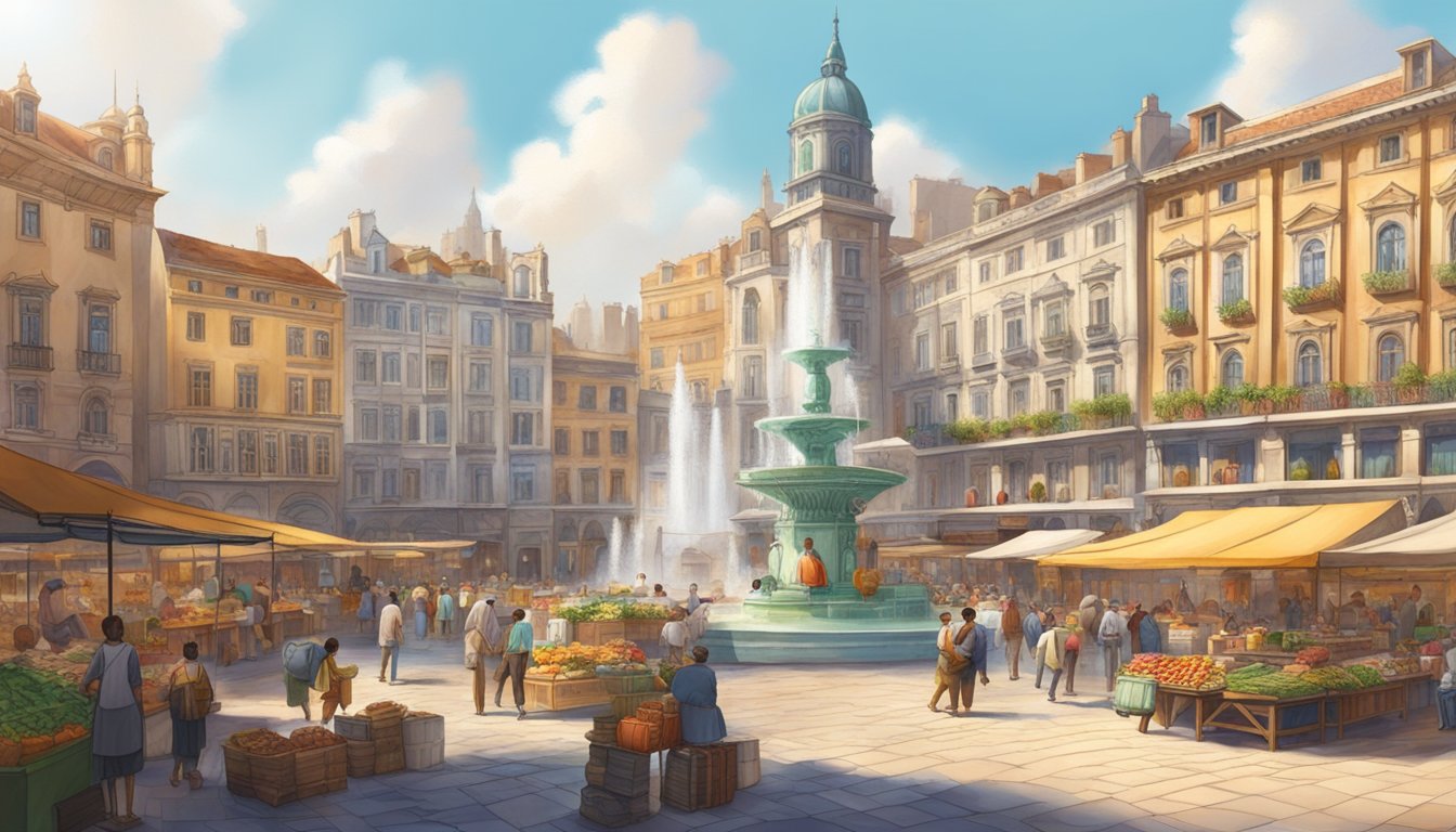 A bustling city square with a grand fountain, surrounded by ornate buildings and lined with vibrant market stalls
