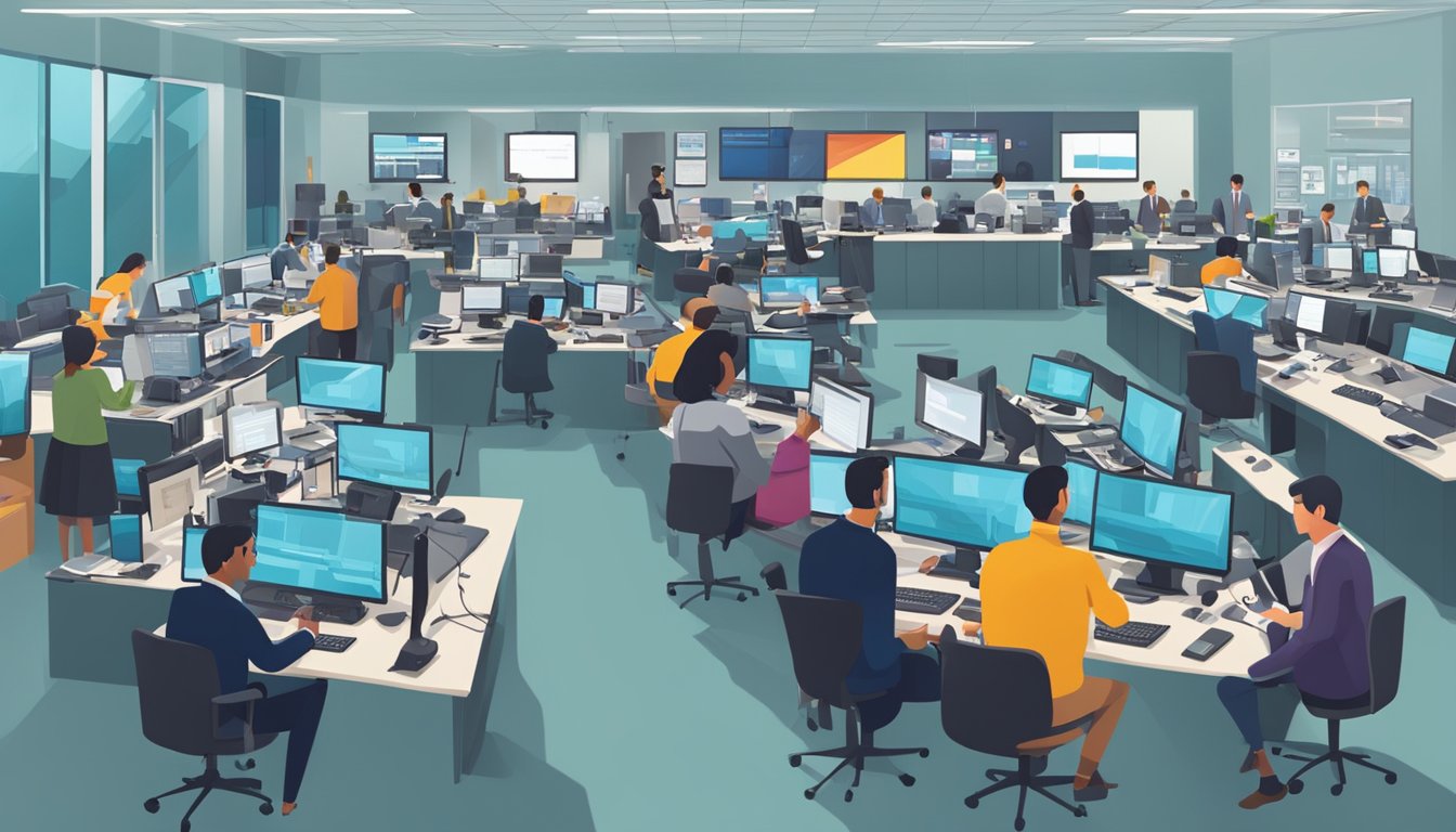 A bustling newsroom with journalists typing, cameras flashing, and screens broadcasting breaking news