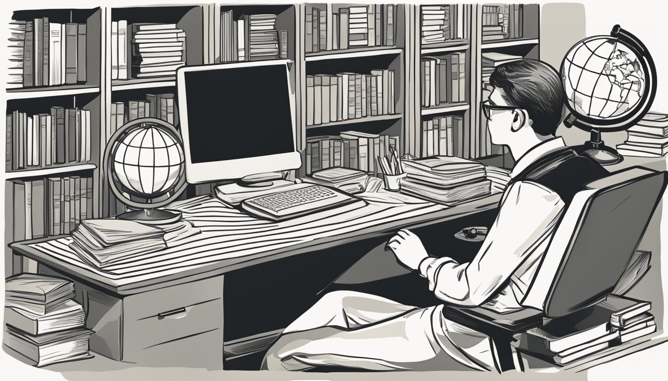 A desk with a computer, books, and a globe. A person translating between languages
