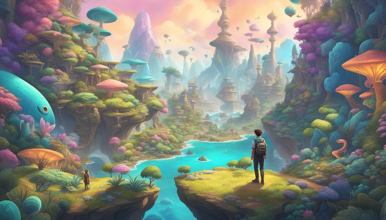 A character exploring a vibrant video game world, surrounded by fantastical creatures and otherworldly landscapes