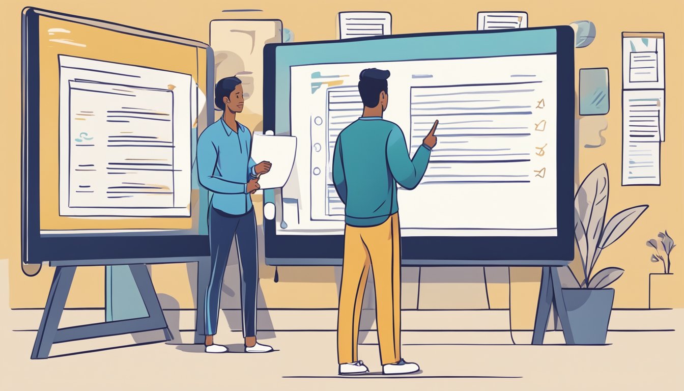 A person standing in front of a screen, pointing to a list of questions with a smile