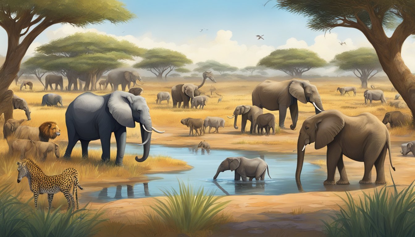 A diverse group of animals gather around a watering hole in the savanna, each displaying unique behaviors and interactions