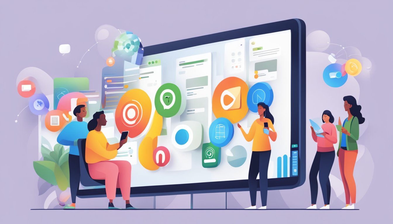 A diverse group of people engaging with targeted ads on various devices, representing segmented marketing