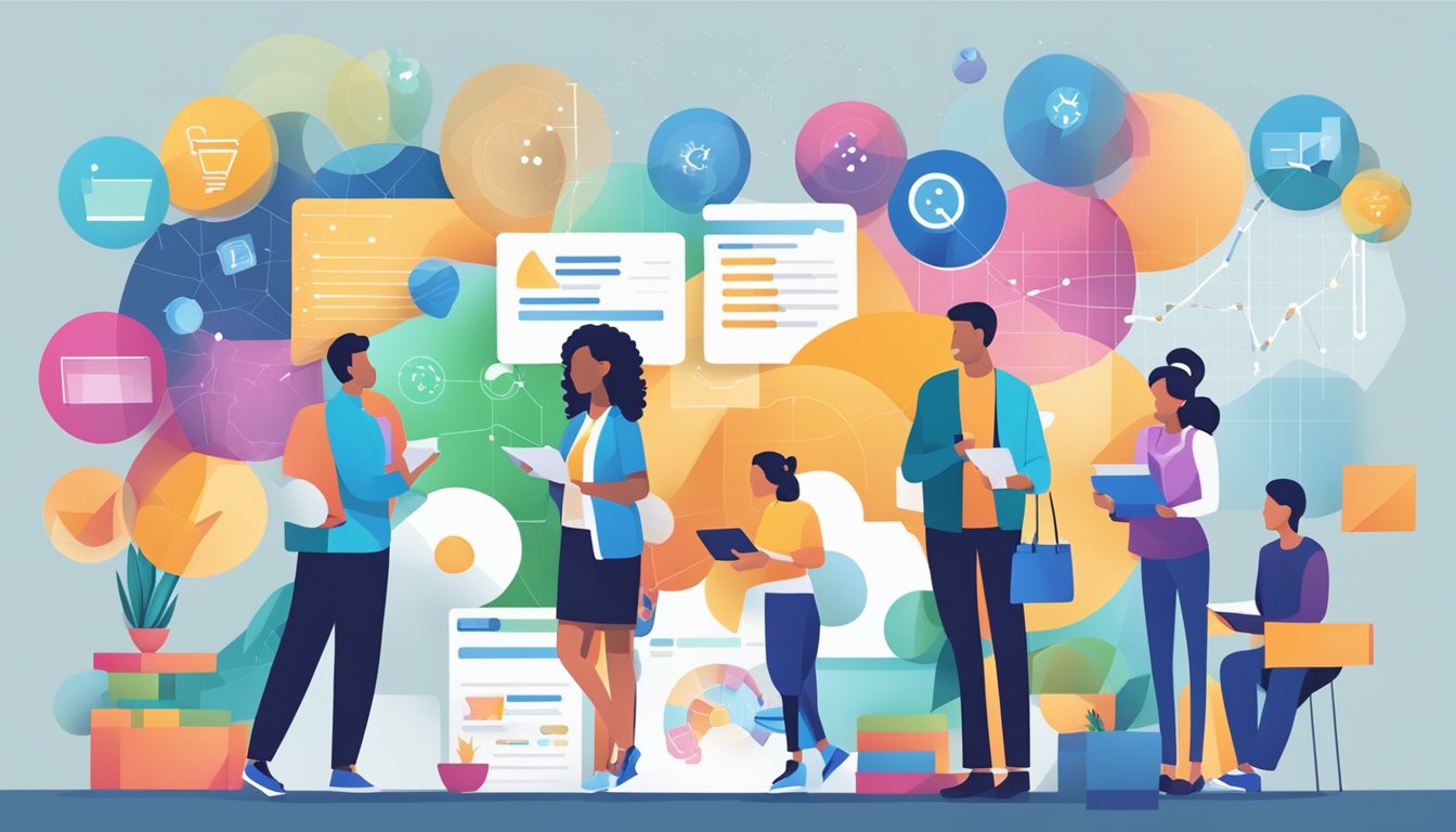 A diverse group of people engaged in various activities, with data and statistics floating around them, representing customer segmentation and profiling