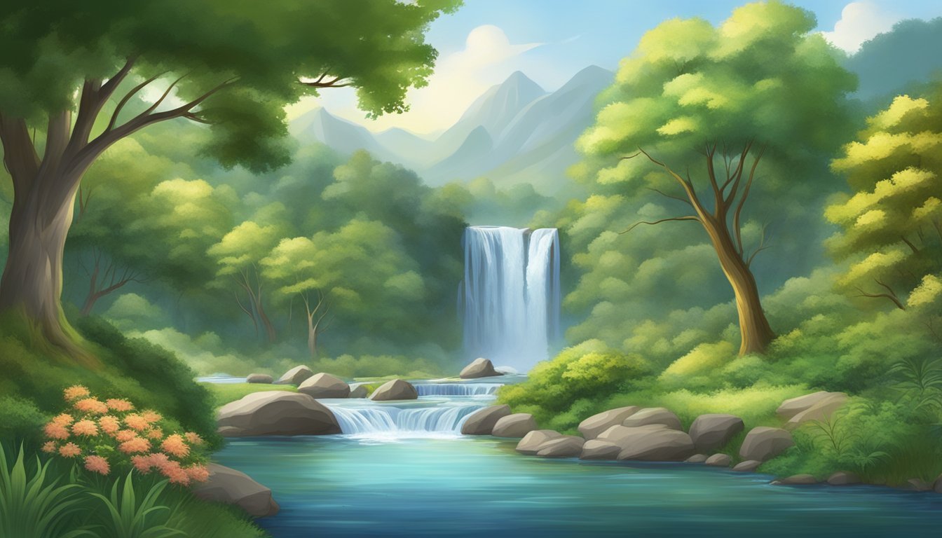 A serene landscape with flowing rivers and lush greenery, accented with calming elements like gentle waterfalls and peaceful wildlife