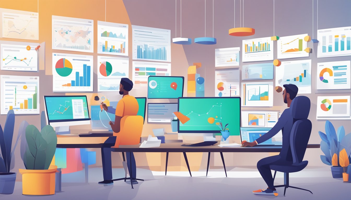 A person analyzing customer activity on Google for Business, surrounded by computer screens and data charts