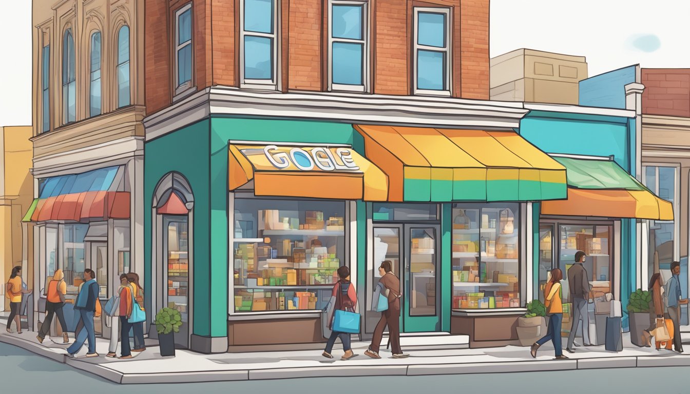 A storefront with a prominent "Google for Business" sign, surrounded by busy foot traffic and vibrant local businesses