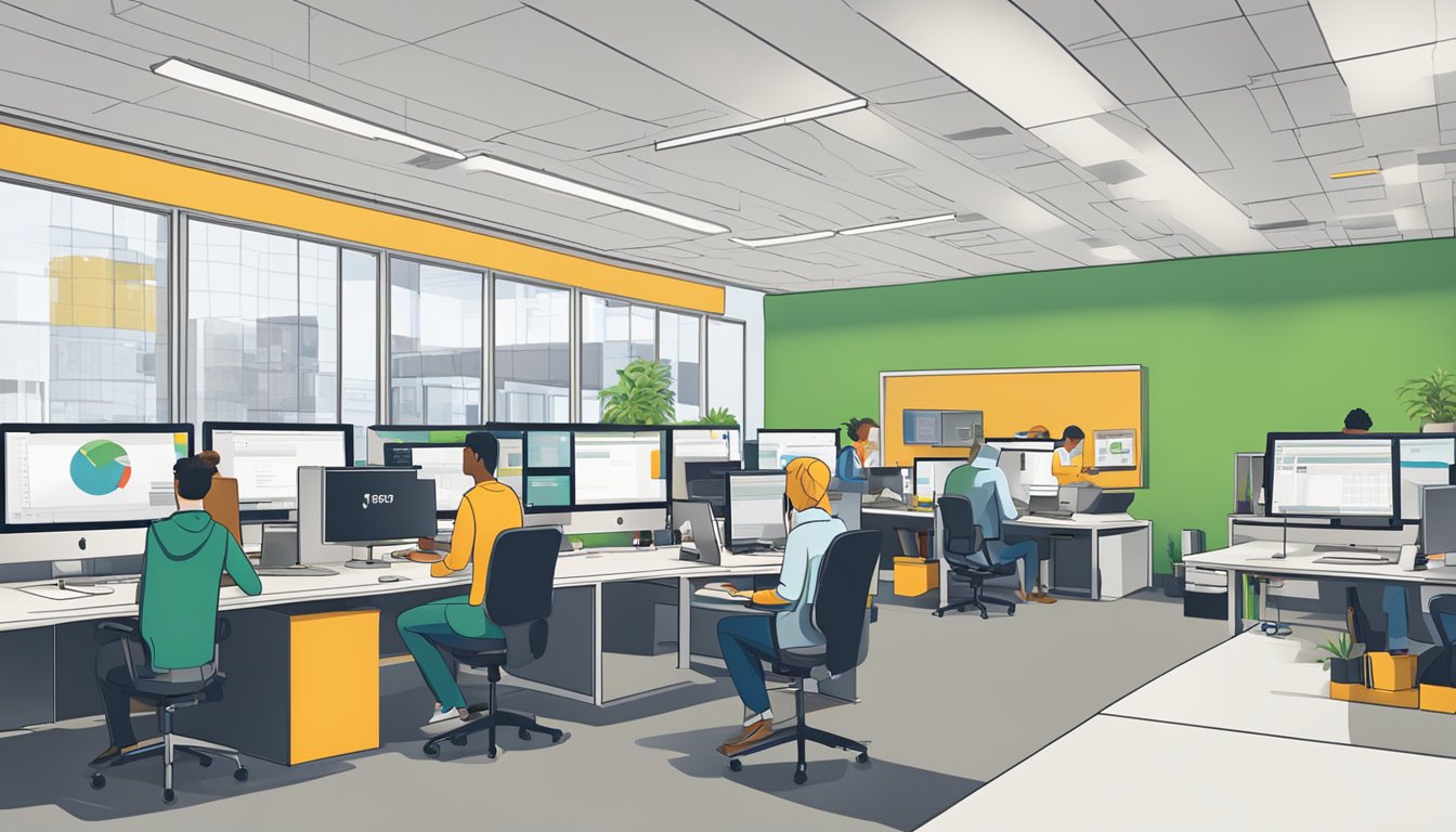 A bustling office with employees working at computers, a prominent "Fører til Bedriftssuksess" sign, and a Google for Business logo displayed