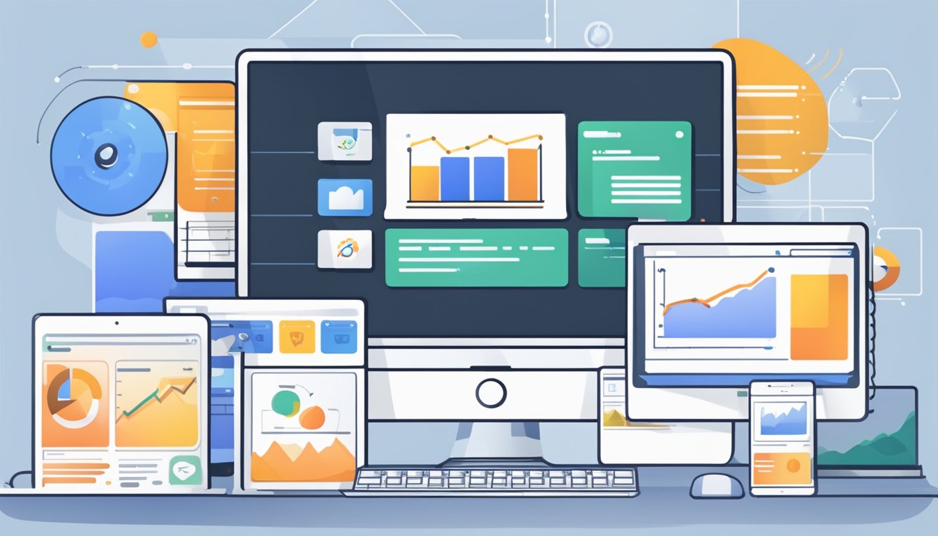 A computer screen displaying a website with engaging content and a call-to-action button, surrounded by various marketing materials and analytics charts