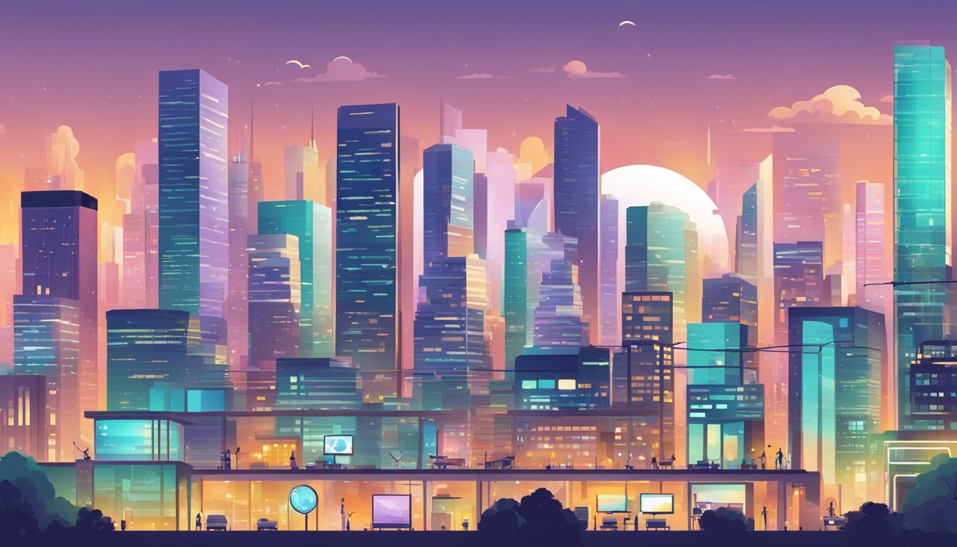 A bustling city skyline with modern buildings and vibrant digital billboards, symbolizing innovation and growth in inbound marketing