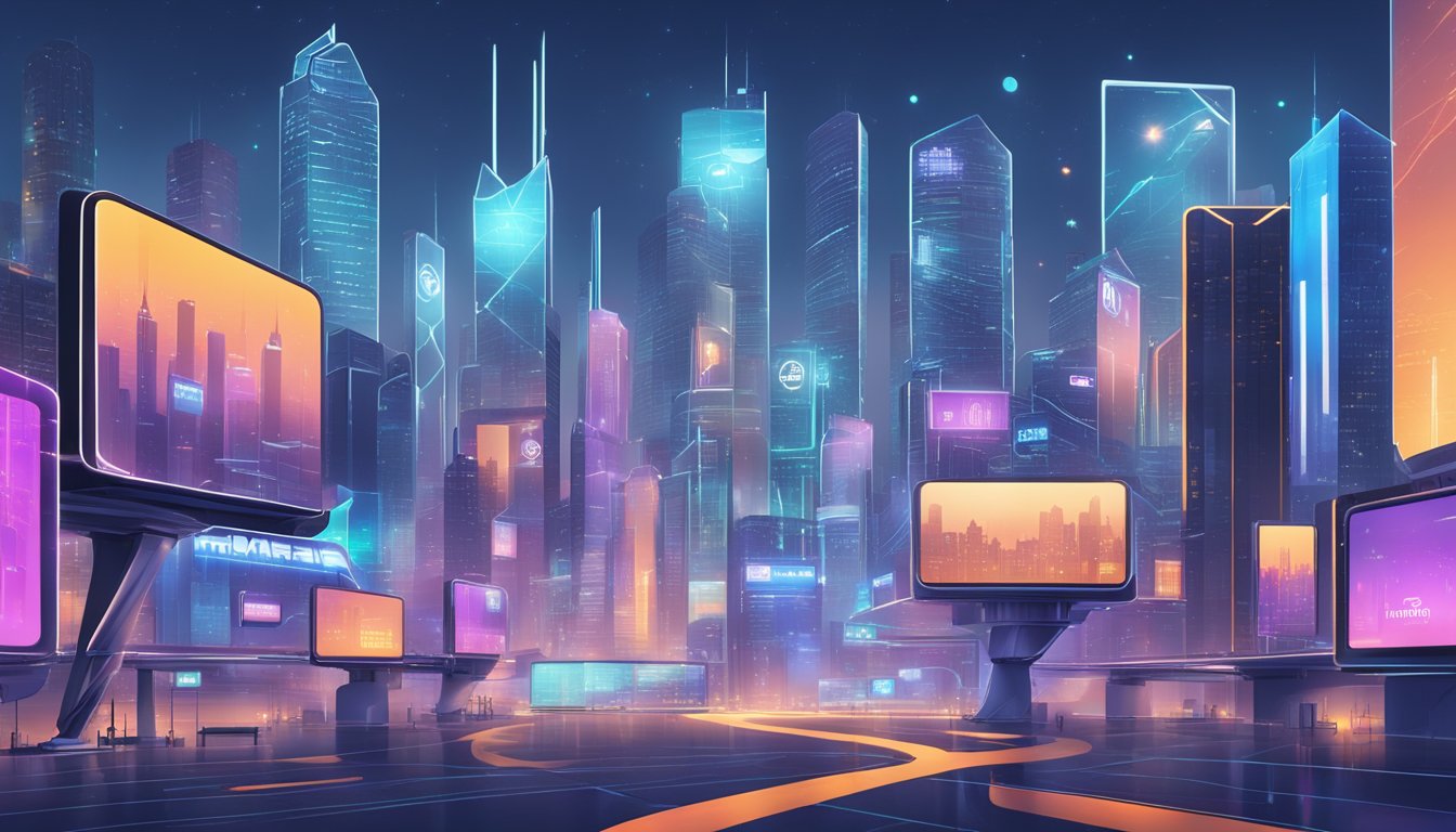 A futuristic city skyline with digital billboards displaying "Inbound Marketing" and a network of interconnected buildings with glowing logos