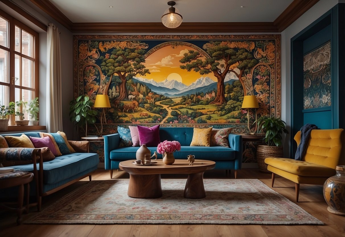 A cozy living room with vibrant, hand-painted murals, colorful tapestries, and intricate wooden carvings adorning the walls and furniture