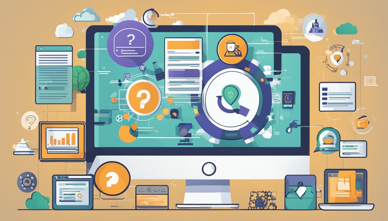 A computer screen displaying a webpage with the title "Frequently Asked Questions Inbound Marketing" surrounded by various icons and graphics