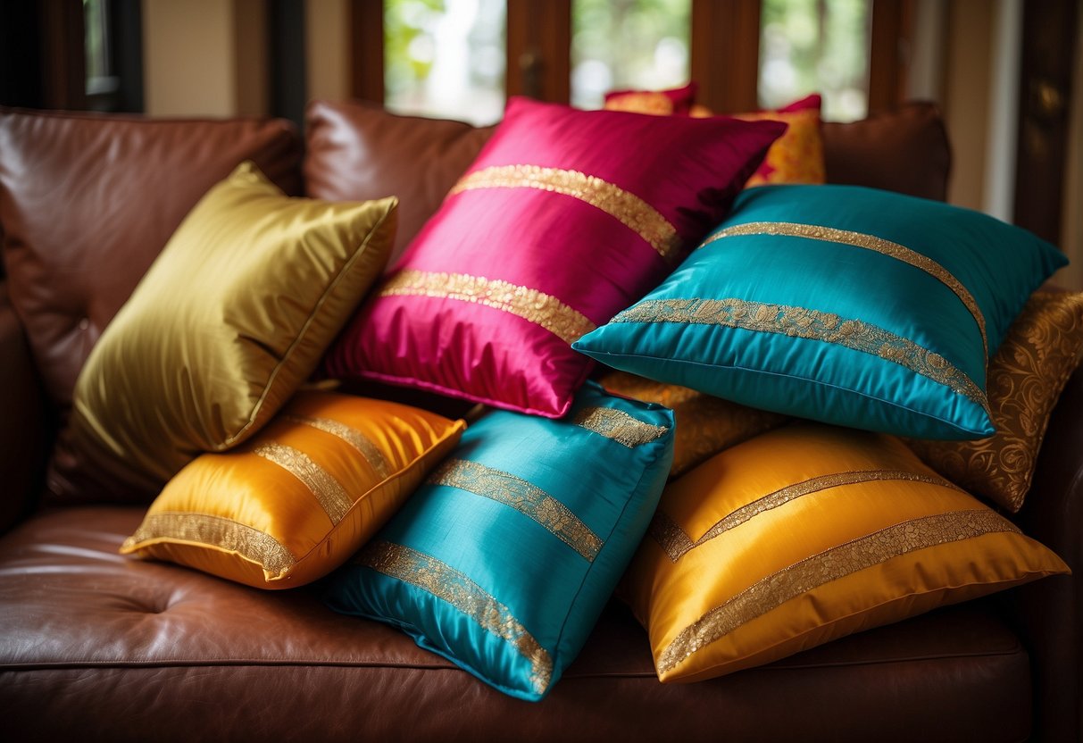 Vibrant Mysore silk cushion covers arranged on a cozy couch, complementing the traditional South Indian home decor