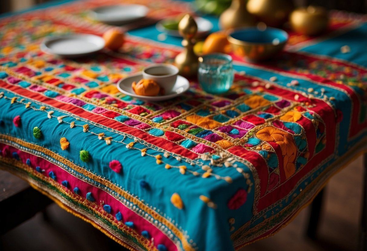 A colorful Banjara embroidered table runner adorns a table, adding affordable South Indian flair to the home decor