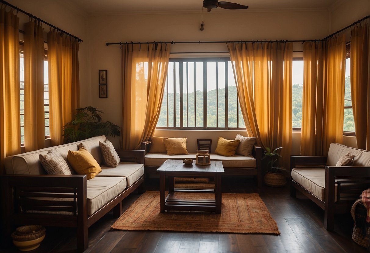 A cozy living room with Madurai Cotton Curtains hanging from the windows, adding a touch of affordable south Indian home decor