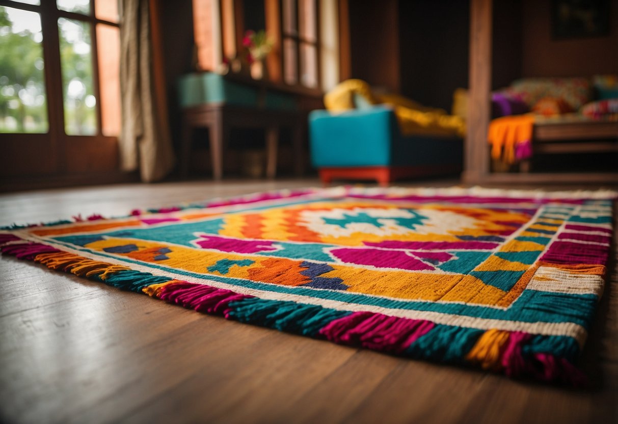 A colorful Pochampally Ikat rug adorns a cozy South Indian home, adding an affordable touch of traditional decor