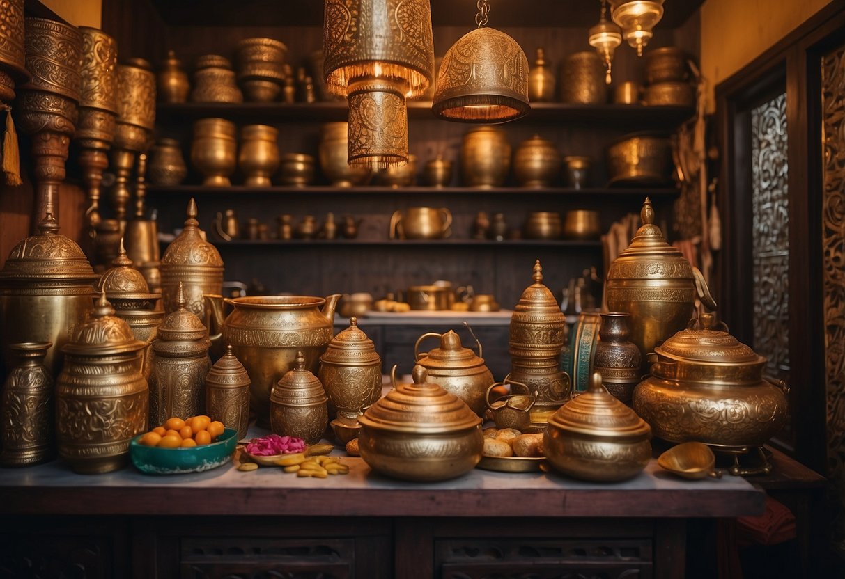 A traditional South Indian home with vibrant colors, intricate wood carvings, and elaborate brass and copper utensils displayed in the kitchen