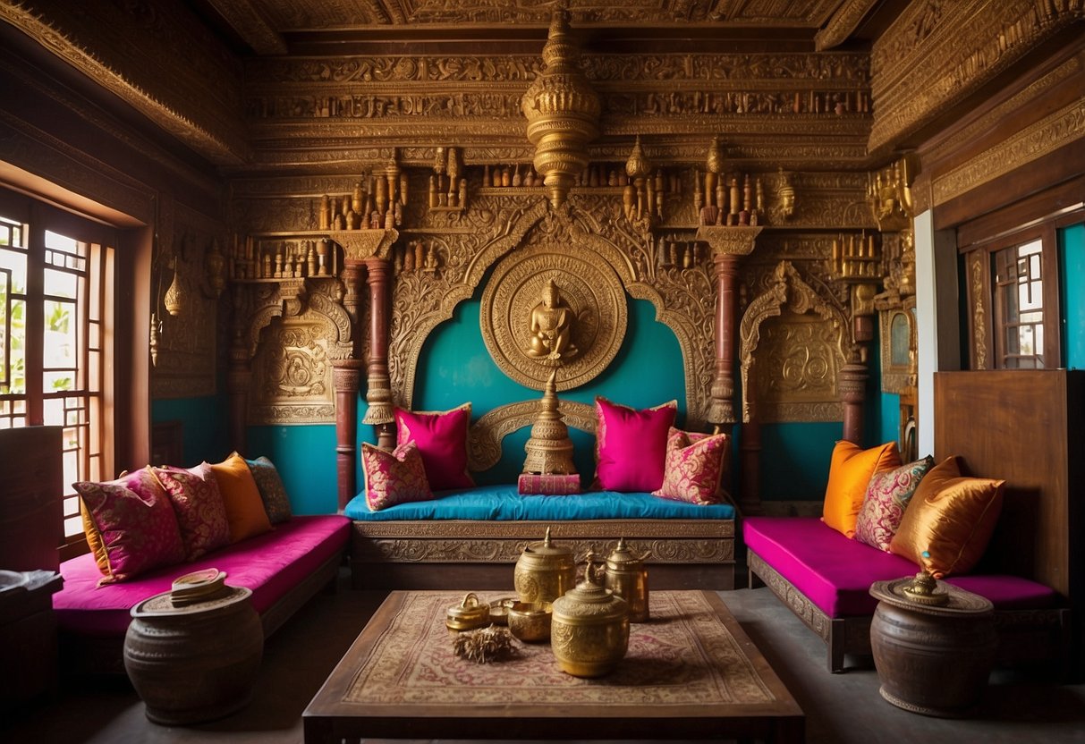 A cozy living room with colorful silk cushions, intricate wood carvings, and brass lamps. A vibrant mural of a traditional South Indian temple adorns the wall