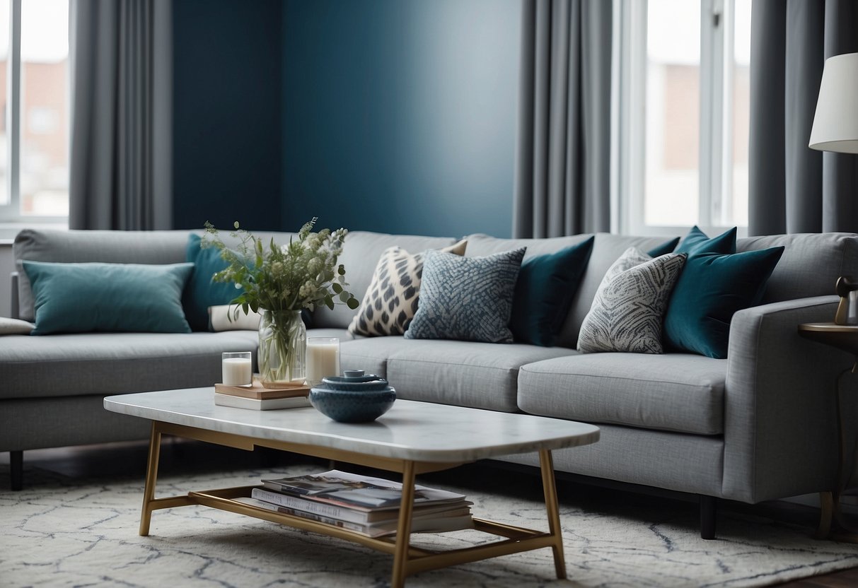 A cozy living room with blue and grey decor, featuring a plush sofa, patterned throw pillows, and a sleek coffee table. The walls are adorned with abstract artwork and the room is filled with natural light