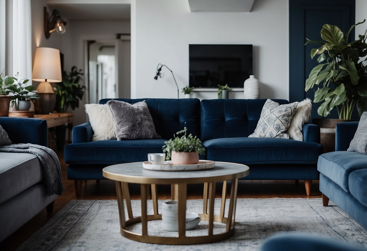 A navy blue velvet sofa sits in a cozy Airbnb, surrounded by blue and grey decor, creating a stylish and inviting atmosphere