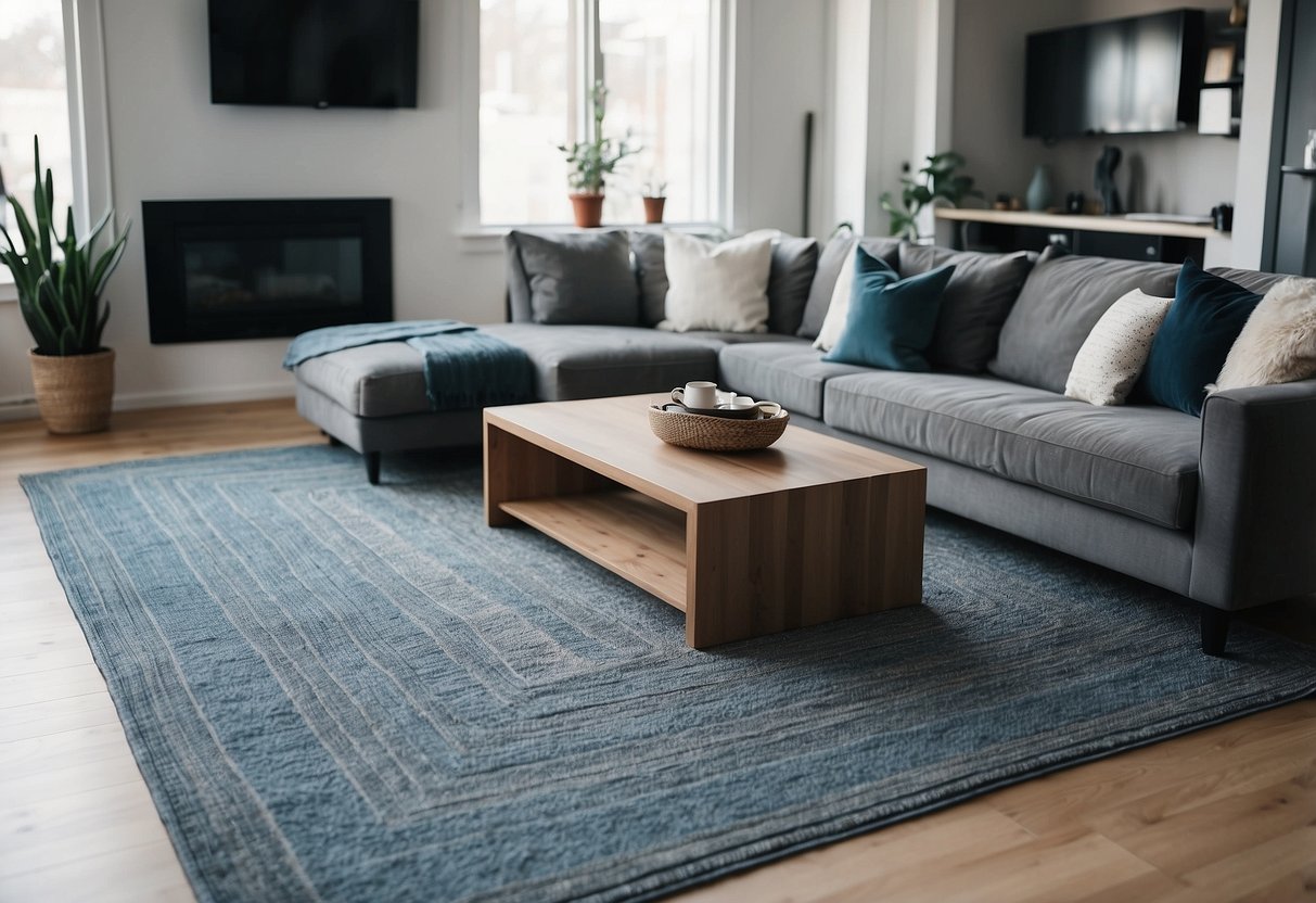 A grey geometric area rug sits in a modern Airbnb living room, adding a touch of blue and grey decor to the space