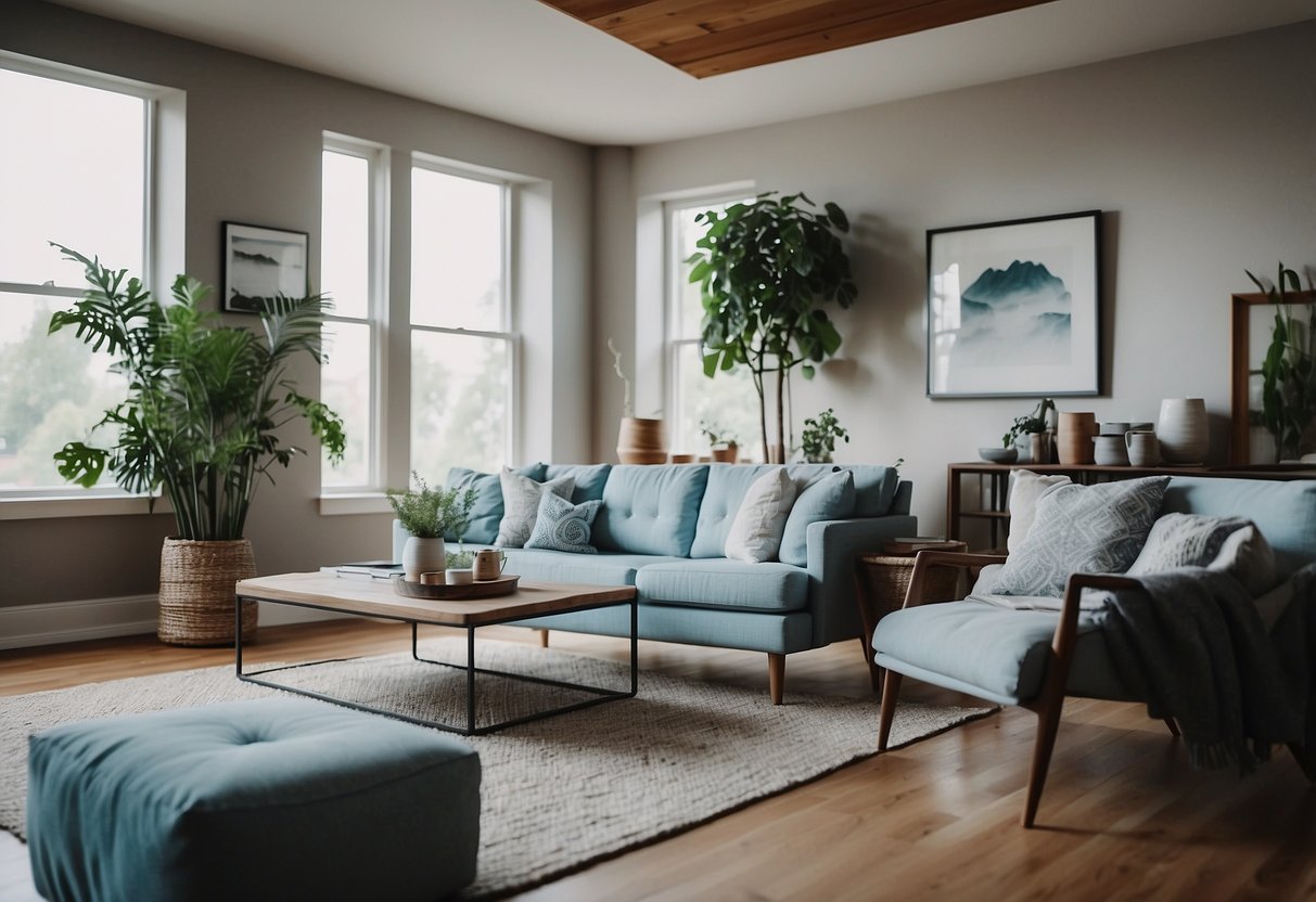 A cozy living room with a grey couch adorned with sky blue throw pillows, creating a serene and inviting atmosphere for an Airbnb decor idea