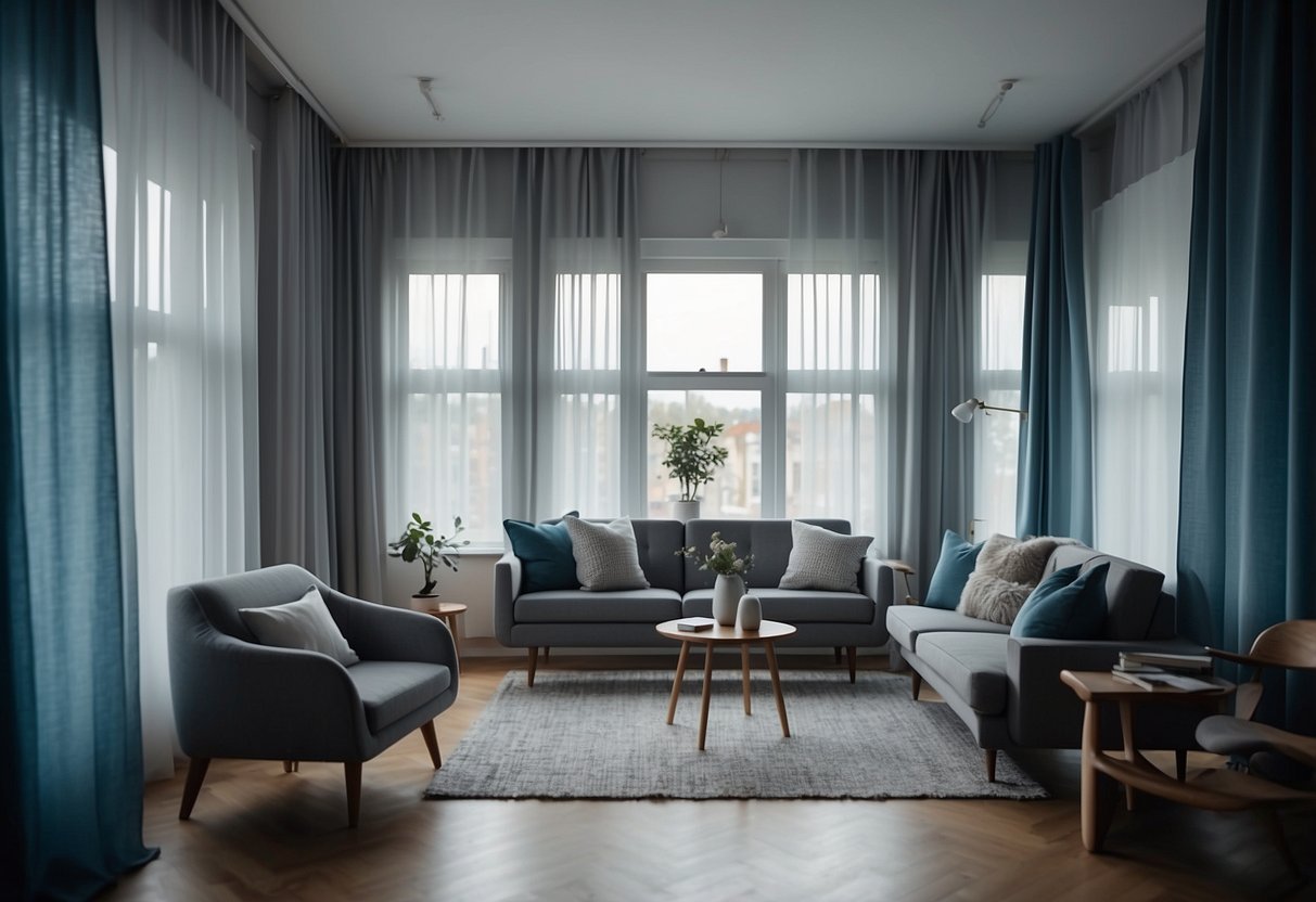 Light grey curtains hang in a sunlit room, complementing the blue and grey decor of an Airbnb space