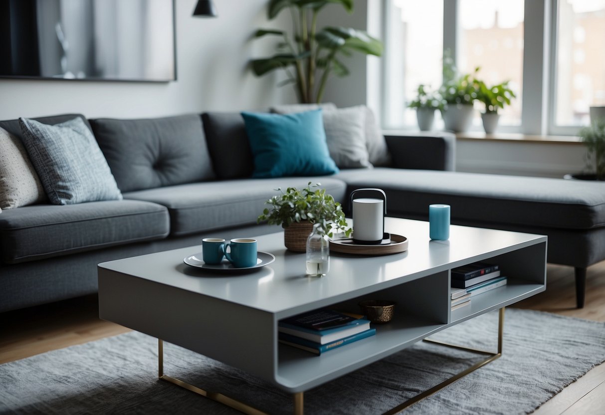 A grey coffee table sits in a modern Airbnb living room, adorned with blue and grey decor, creating a stylish and inviting atmosphere