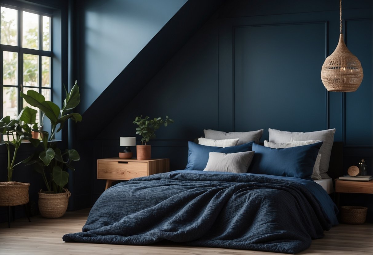 A navy blue bedspread drapes over a cozy Airbnb bed, surrounded by blue and grey decor, creating a serene and inviting atmosphere