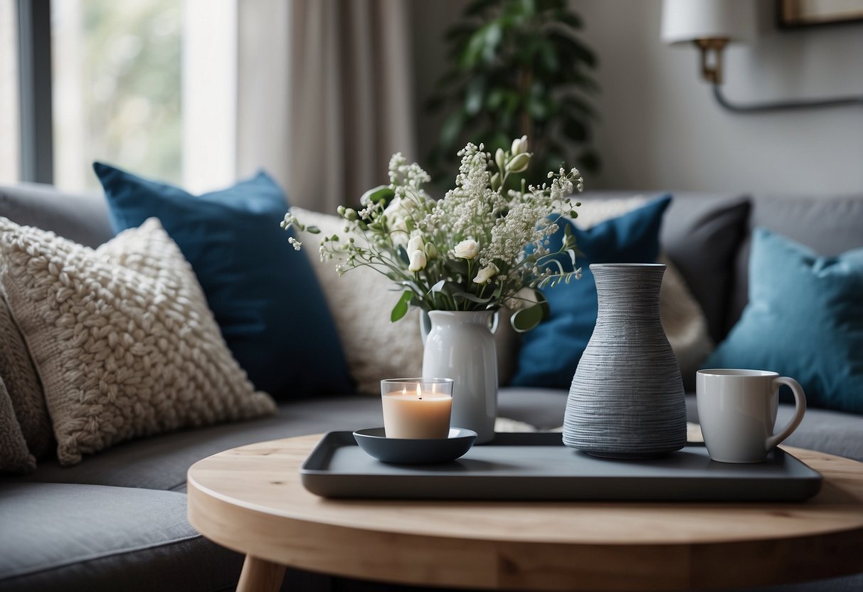 A cozy living room with blue and grey decor, featuring matching throw pillows, curtains, and a rug. A vase of fresh flowers sits on the coffee table, adding a pop of color to the cohesive design