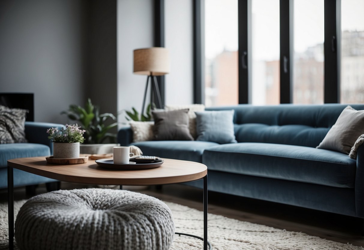 A cozy living room with blue and grey decor, featuring a plush sofa, soft throw pillows, and a sleek coffee table