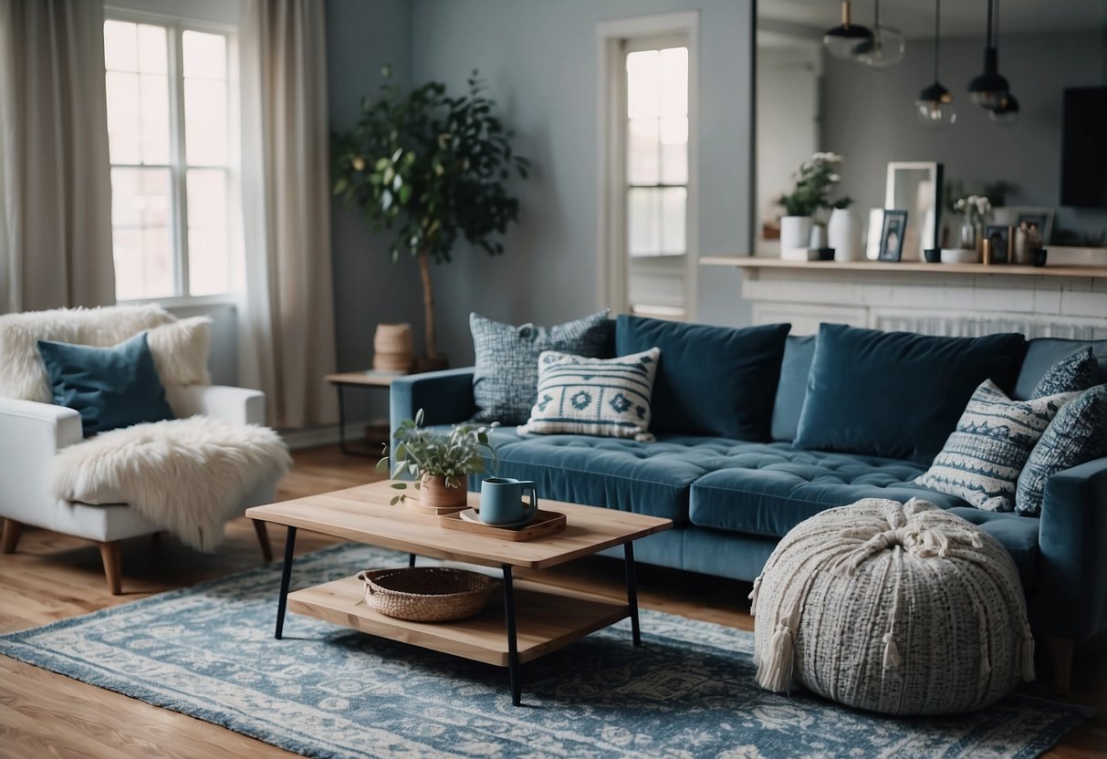 A cozy living room with blue and grey decor, featuring textured throw pillows, patterned area rugs, and a mix of smooth and rough surfaces