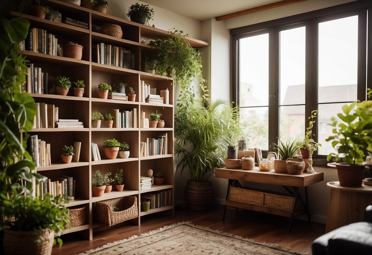 A bookshelf filled with plants, candles, and decorative objects. A cozy rug and comfortable chair nearby. Bright, natural light streaming in from a nearby window