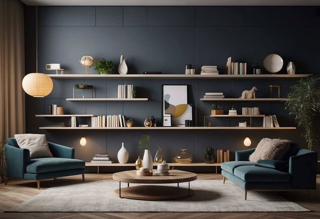 A modern living room with geometric wall shelves displaying books and decorative items. Clean lines and minimalistic design