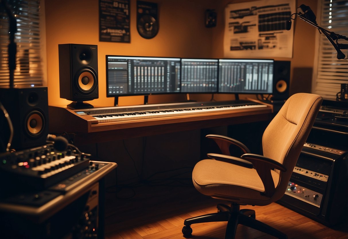 A cozy home studio with soundproof walls, warm lighting, and vintage music posters. A comfortable chair sits in front of a mixing desk with a keyboard and microphone nearby