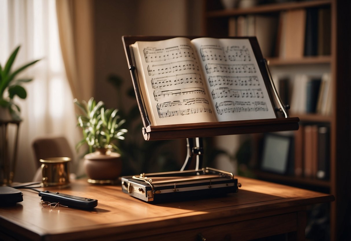 A music stand sits in a cozy home studio, surrounded by instruments and sheet music. The stand is adjustable and adorned with decorative accents, adding a touch of elegance to the space