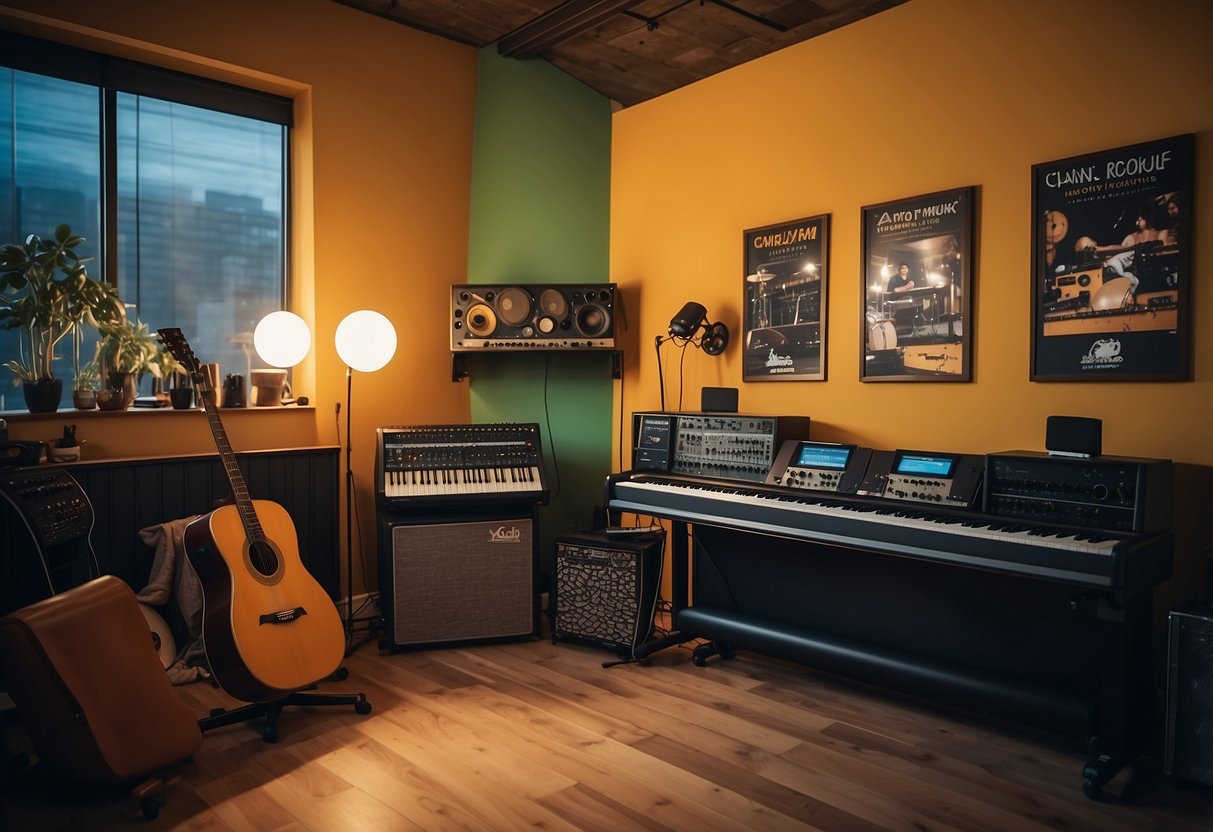 A cozy music studio with colorful wall posters, comfy seating, and instruments on display