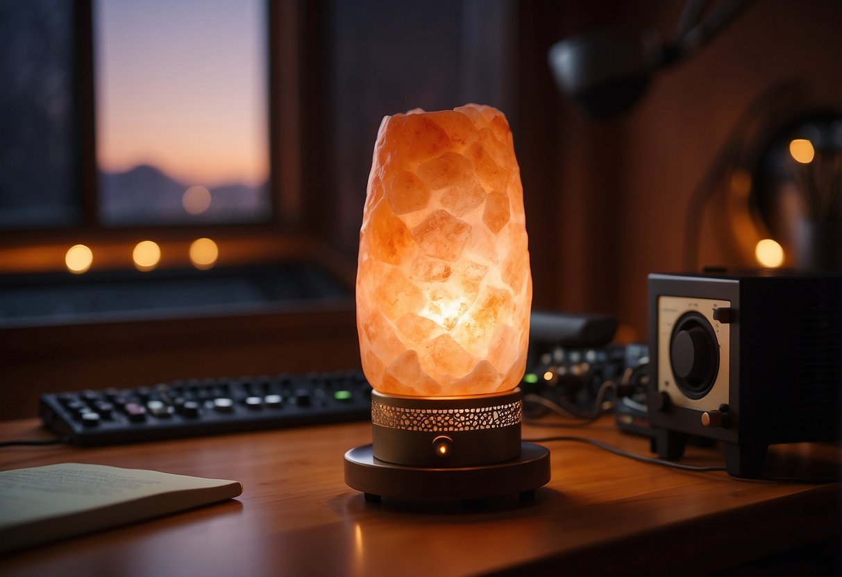 A Himalayan salt lamp illuminates a cozy music studio, casting a warm, ambient glow over the instruments and recording equipment