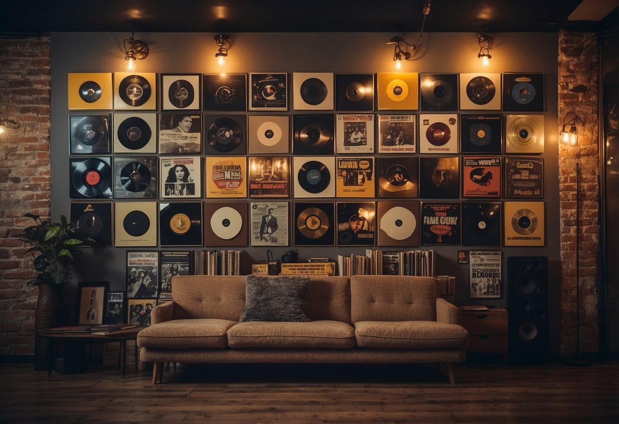 A wall-mounted record display with vintage album covers, surrounded by string lights and music posters