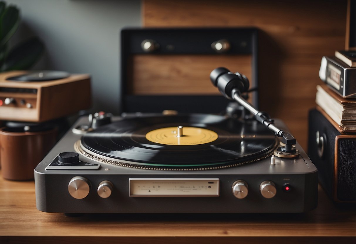 A retro turntable sits on a wooden shelf surrounded by vintage vinyl records. A record player, headphones, and speakers complete the cozy music studio decor