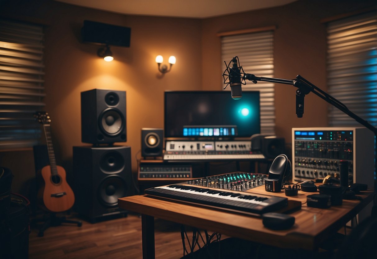 A cozy home music studio with soundproof walls, a mixing board, microphone, instruments, and colorful decor