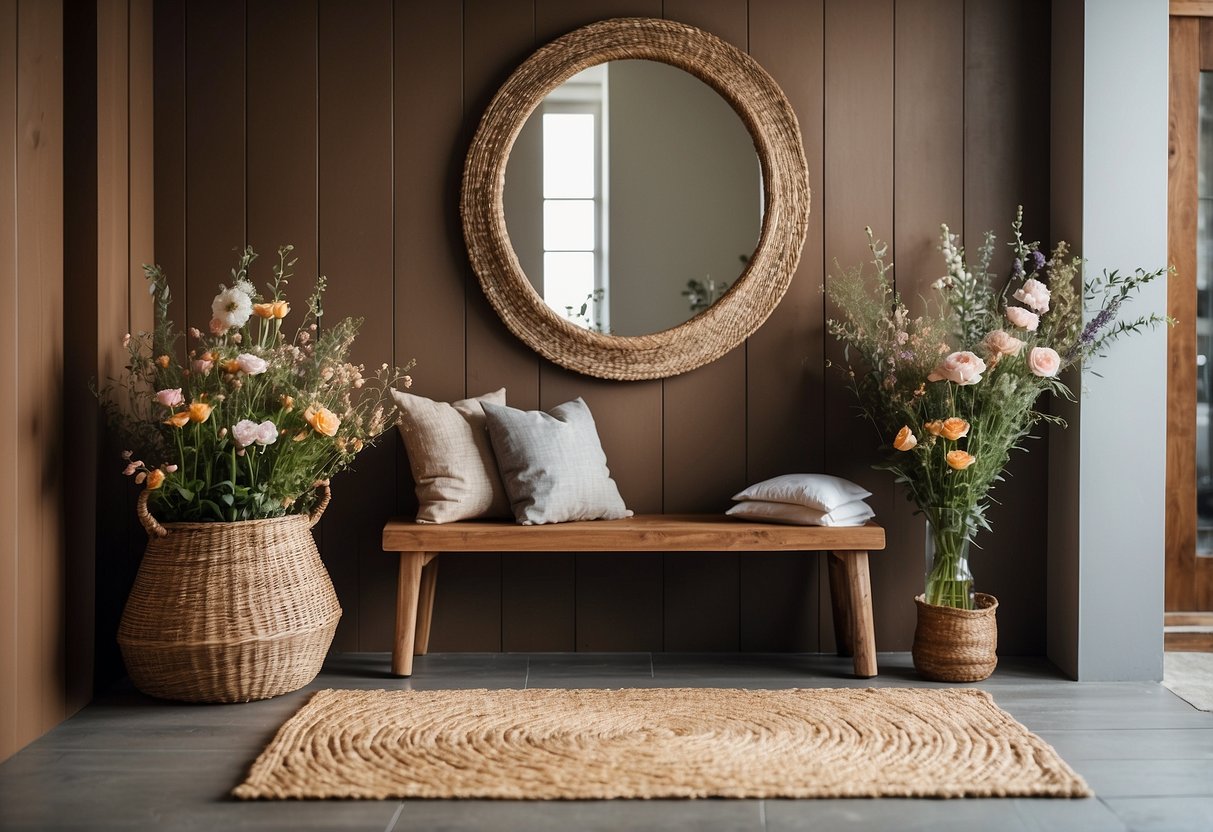 A cozy entrance with a rustic wooden bench, a hanging mirror, and a woven rug. A vase of fresh flowers sits on a small side table, adding a pop of color to the space