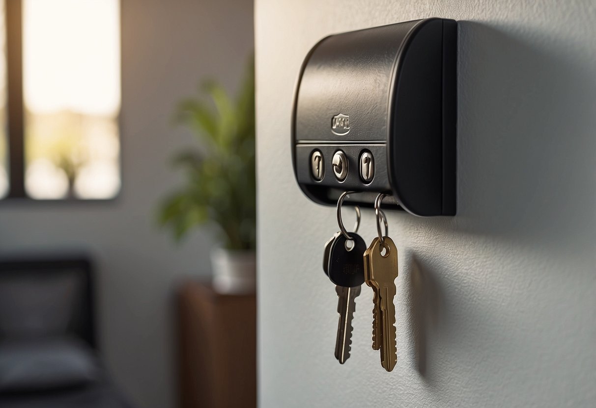 A wall-mounted key holder hangs near the entrance, with keys hanging from hooks and a small shelf for mail and other small items