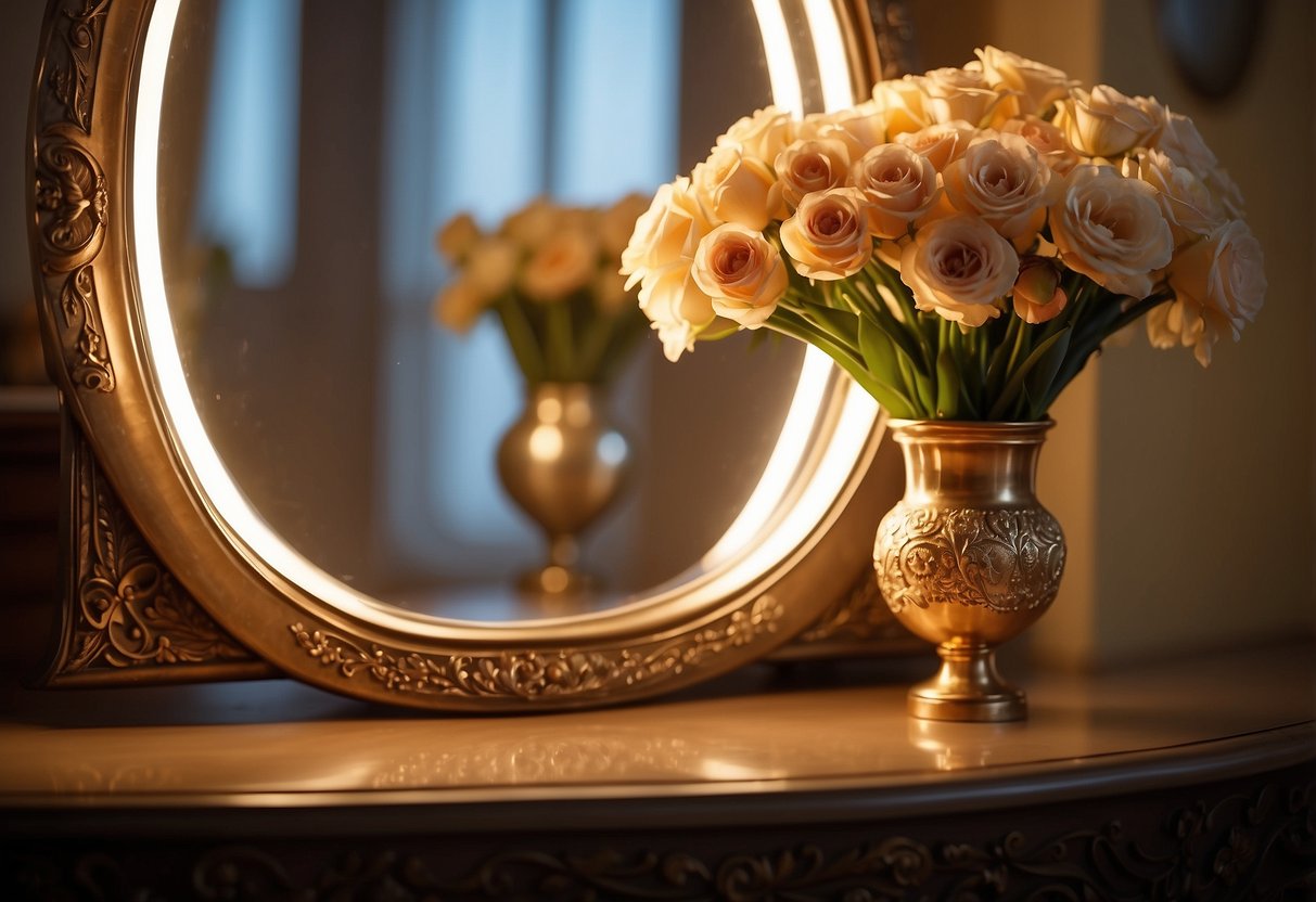 An ornate antique wall mirror hangs above a small entrance table, reflecting the warm glow of a vintage lamp and a vase of fresh flowers