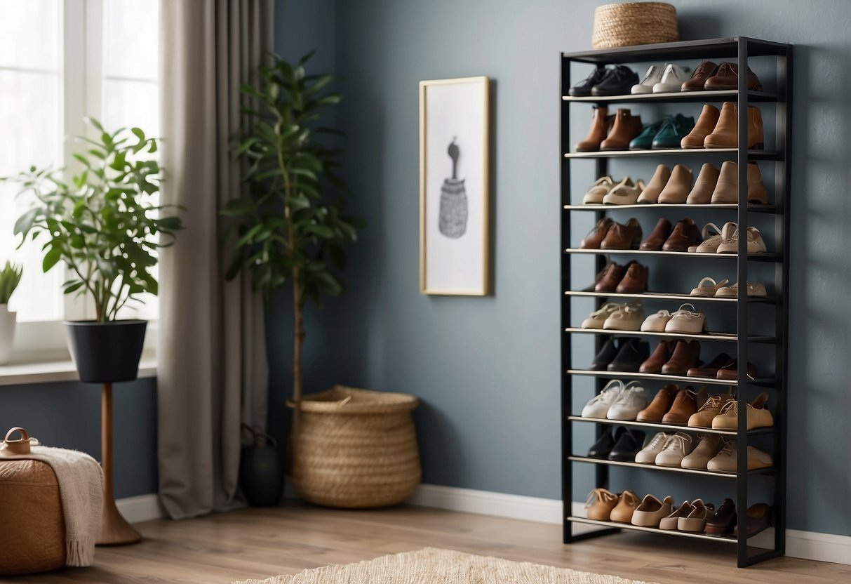 A vertical shoe rack stands in a small home entrance, neatly organizing shoes and creating a stylish decor idea